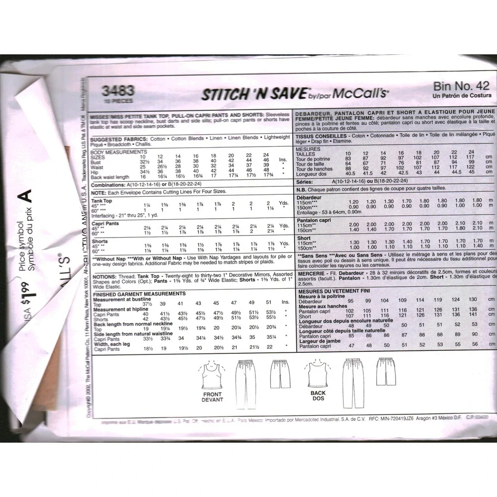 McCalls 3483 Stitch n Save Sewing Pattern Tank Top Capri Pants Shorts Size 10-16